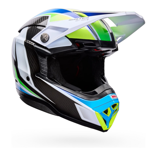 CASCO BELL MOTO 10 SPHERICAL CARBONO GRID BLANCO/AZUL